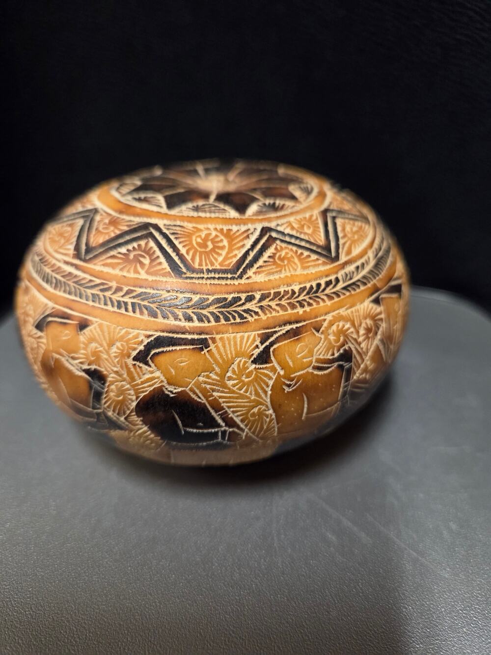 Peruvian Folk Art Gourd Rattle 4" Hand Carved Etched Seed Shaker Andean